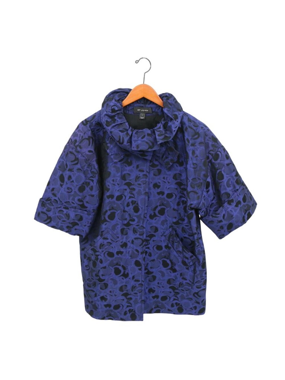 St. John Ruffle Collar Blue Black Swirl Jacquard Shiny Topper Jacket 4